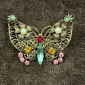 Elegant Gold Butterfly Brooch with Multicolor Gems